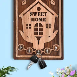 Kuber Industries Brown Wooden Key Holder With 5 Hooks-96