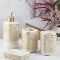 Kookee White & Gold Toned 4 piece Geometric Printed Ceramic Bath Accessories Set-26