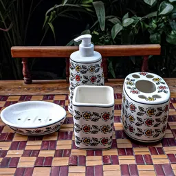 INDIA MEETS INDIA White 4 pieces Printed Ceramic Bath Accessories Set-58