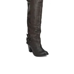 Delize Brown Leather Block Heeled Boots with Buckles-46