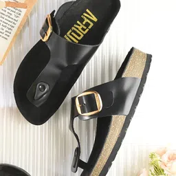 AfroJack Women Solid Square Toe T-Strap Flats with Buckles-2