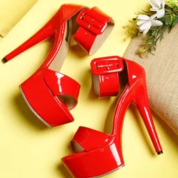 Flat n Heels Red Stiletto Peep Toes with Buckles-57