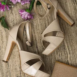 pelle albero Beige Party Open Toe Block Heels image 1