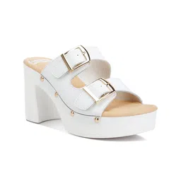 RAG & CO Open Toe Canvas Block Heels with Buckles-0