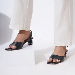 Sherrif Shoes Textured Open Toe Backstrap Block Heels-15