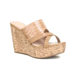 VALIOSAA Women Brown Textured Wedge Peep Toes-18