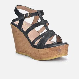 VALIOSAA Black Wedge Sandals with Buckles-57
