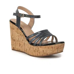 VALIOSAA Black Wedge Sandals with Buckles 4 Inch Heels-41