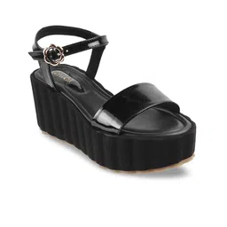 Catwalk Black Wedge Sandals with Buckles-image-5