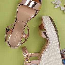 ICONICS Pink & Cream-Coloured Colourblocked Wedge Heels with Buckles-57