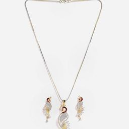 Anouk Gold-Plated AD-Studded Peacock Shaped Pendant With Chain & Earrings-image-56