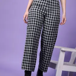 Popwings Women Checked Smart Straight Fit High-Rise Easy Wash Cotton Chinos Trousers-image-95