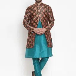 Kaifoo Men Turquoise Blue Kurta with Churidar With Ethnic Printed Jacket-picture-18
