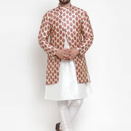 Kaifoo Men White Ethnic Motifs Printed High Slit Kurta with Churidar & Jacket-image-39