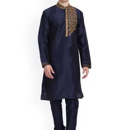 Enciger Men Blue & Yellow Yoke Design Thread Work Dupion Silk Kurta with Churidar-image-16