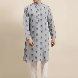 SOJANYA Men Grey & Black Ikat Woven Design Pure Cotton Kurta with Churidar-13