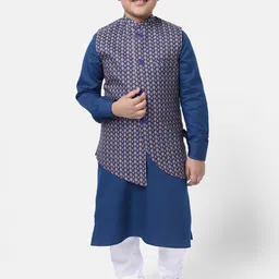 NAMASKAR Boys Navy Blue Printed Regular Pure Cotton Kurta Churidar With Jacket-30