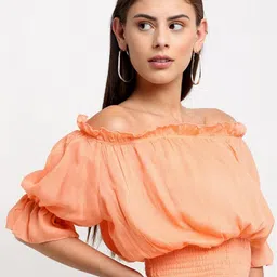 emeros Peach-Coloured Off-Shoulder Crepe Blouson Crop Top-image-12