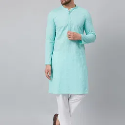 See Designs Men Turquoise Blue Angrakha Pure Cotton Kurta with Dhoti Pants-picture-21