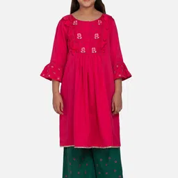 BLANC9 Girls Pink & Green Embroidered Regular Pure Cotton Kurta with Palazzos-image-20