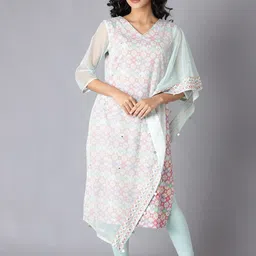 W Women Floral Printed Gotta Patti Kurta with Leggings & Dupatta-picture-11