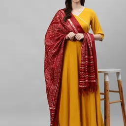 DEEBACO Women Mustard Yellow & Maroon Gotta Patti Kurta With Dupatta-image-5