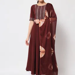 FIORRA Women Striped Yoke Design Thread Work Poly Crepe Kurta with Printed Dupatta-image-21