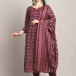 Roly Poly Floral Printed Mirror Work A-Line Cotton Blend Kurta With Trousers & Dupatta-56