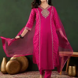 Sangria Sequence Embroidered Kurta Pant With Dupatta-5