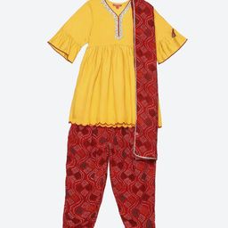 Biba Girls Yellow Ethnic Motifs Pleated Kurti with Salwar & With Dupatta-image-24