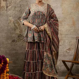 mokshi Women Ethnic Motifs Embroidered Regular Mirror Work Pure Cotton Kurti with Sharara & With Dupatta-picture-3