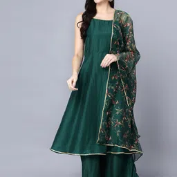 Myshka Women Green Ethnic Motifs Yoke Design Panelled Kurta with Sharara & With Dupatta-image-16