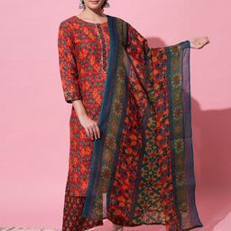 VAANI CREATION Women Red Floral Embroidered Pure Cotton Kurta with Trousers & With Dupatta-image-9