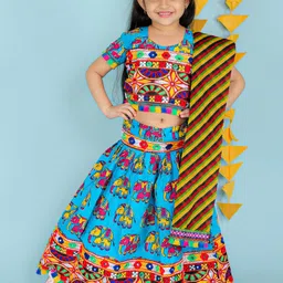 KID1 Girls Blue & Pink Printed Cotton Ready to Wear Lehenga & Blouse With Dupatta-image-101