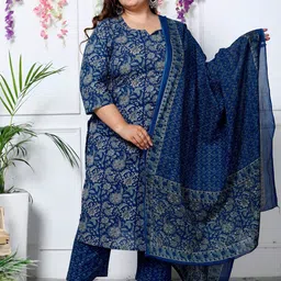 Swasti Plus Size Floral Printed Sequinned Pure Cotton Kurta With Trouser & Dupatta-55
