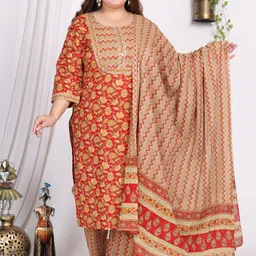 Swasti Plus Size Floral Printed Gotta Patti Pure Cotton Kurta With Trousers & Dupatta-picture-7