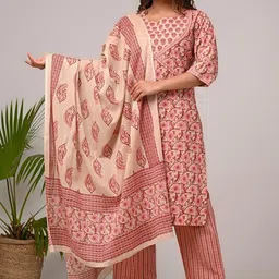KALINI Women Floral Printed Regular Sequinned Pure Cotton Kurta with Trousers & With Dupatta-picture-17
