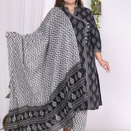 KALINI Plus Size Floral Printed Sequinned Pure Cotton Kurta With Trousers & Dupatta-7