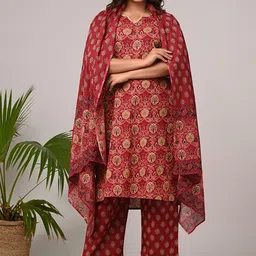 KALINI Women Floral Printed Regular Sequinned Pure Cotton Kurta with Trousers & With Dupatta-13