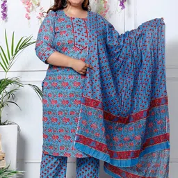 KALINI Floral Printed Round Neck Sequinned Pure Cotton Kurta with Trousers & With Dupatta-image-52