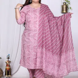 KALINI Plus Size Geometric Printed Pure Cotton Kurta With Trousers & Dupatta-12