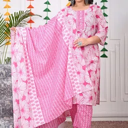 KALINI Floral Printed Pure Cotton Straight Kurta & Trousers With Dupatta-25