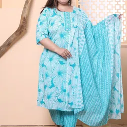 KALINI Plus Size Floral Printed Pure Cotton Kurta with Trousers & Dupatta-22