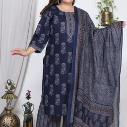 KALINI Plus Size Floral Printed Sequinned Pure Cotton Kurta With Trousers & Dupatta-8