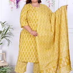 Swasti Plus Size Floral Printed Regular Sequinned Pure Cotton Kurta with Trouser & Dupatta-14