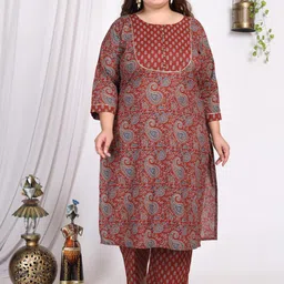 KALINI Plus Size Paisley Printed Pure Cotton Kurta with Trousers & Dupatta-picture-34