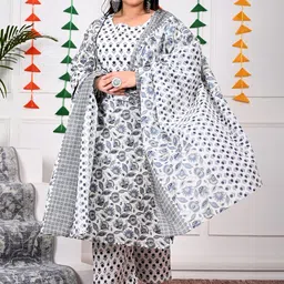 KALINI Plus Size Floral Printed Pure Cotton Kurta With Trousers & Dupatta-picture-0