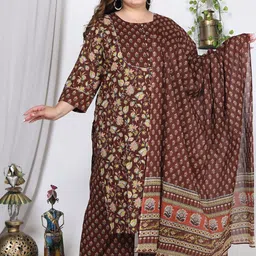 KALINI Plus Size Floral Printed Sequinned Pure Cotton Kurta With Trousers & Dupatta-9