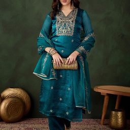 Sangria Teal Floral Embroidered V-Neck Zari Straight Kurta With Trousers And Dupatta-46