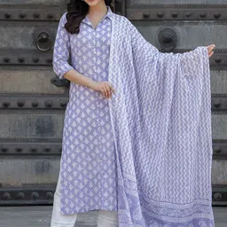 Nayo Ethnic Motifs Printed Shirt Collar Pure Cotton Straight Kurta & Trousers With Dupatta-image-32